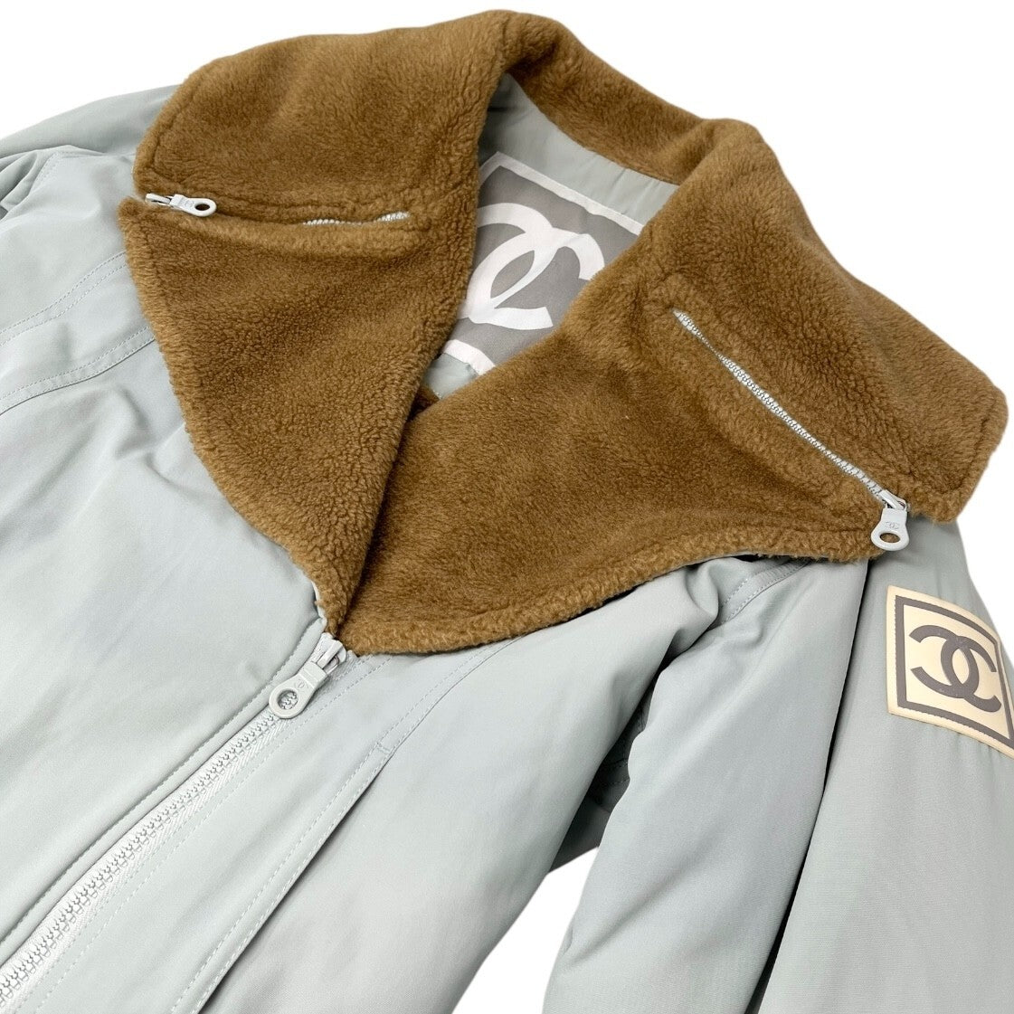 CHANEL Sport Vintage 01A CC Logo Ski Wear Jacket #36 Blue Brown Cotton Fur Zip
