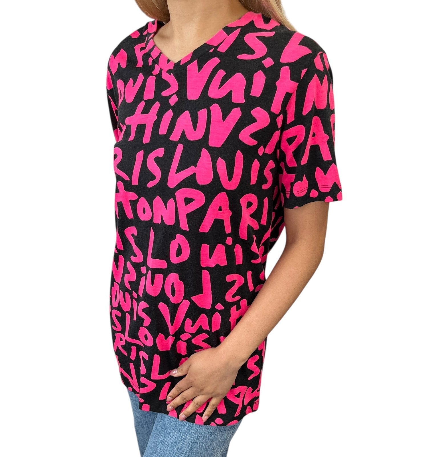 LOUIS VUITTON Vintage LV Logo Graffiti Print T-shirt Top #M Black Pink Cotton
