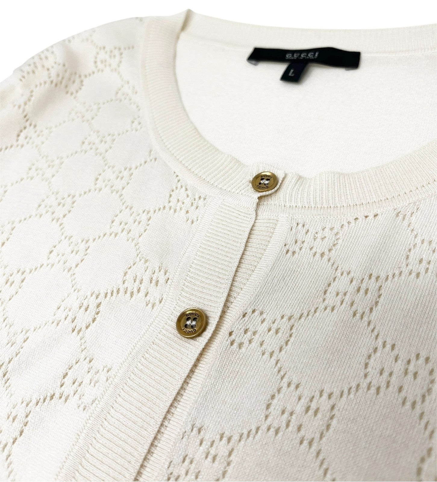 GUCCI Vintage Cardigan Sweater Top #L Punching Cream Gold Silk Cotton Nylon