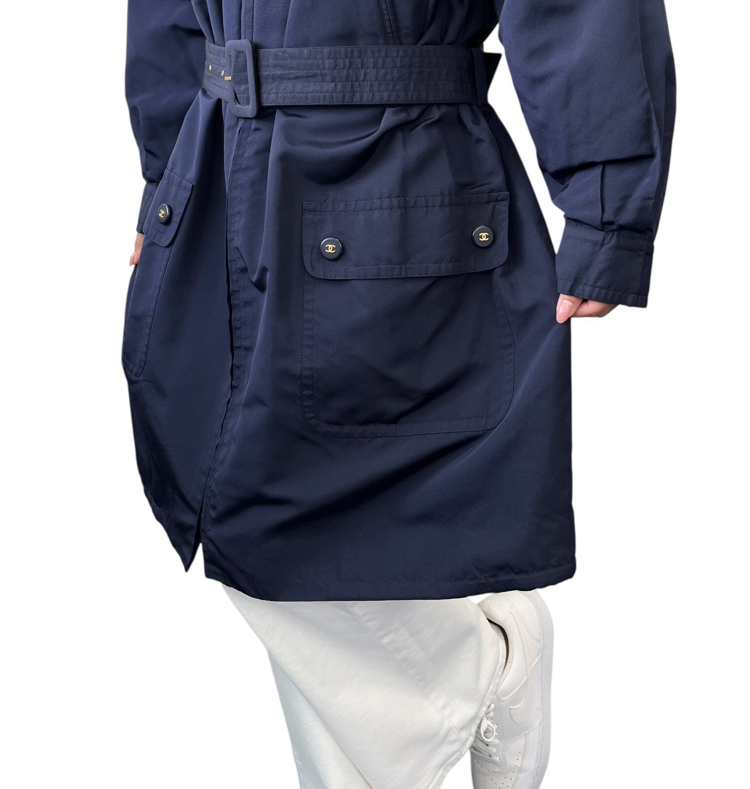 CHANEL Vintage PO5667 CC Logo Long Coat Jacket #38 Zip Pocket Belt Dark Blue