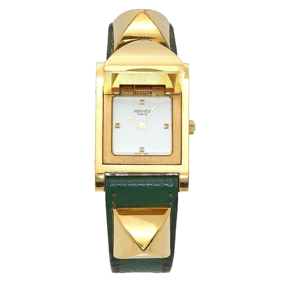 HERMES Medor Vintage pyramid Gold studs Quartz White Dial Ladies 90329940