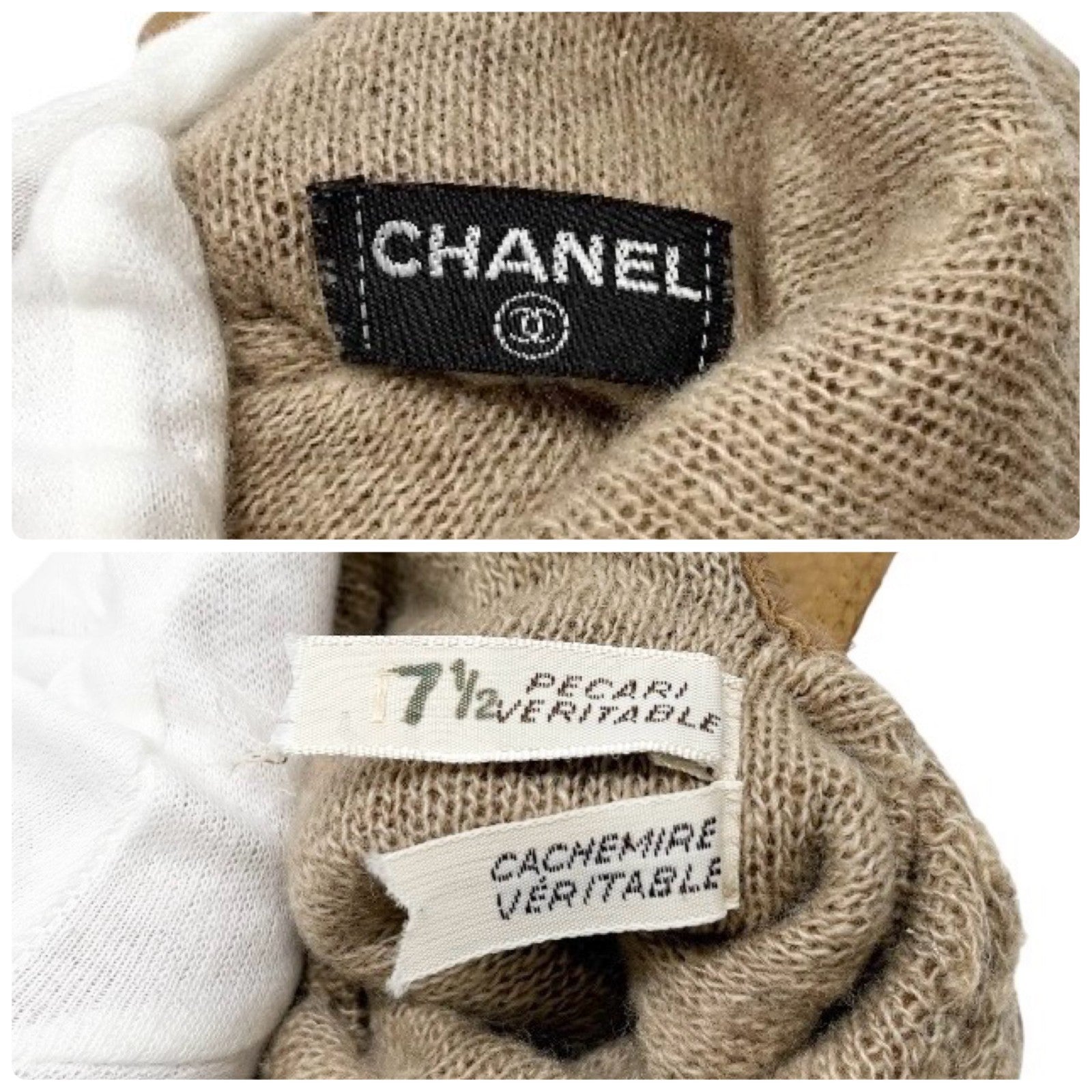 CHANEL Vintage CC Mark Logo Gloves Turn Lock #7.5 Leather Light Brown Gold