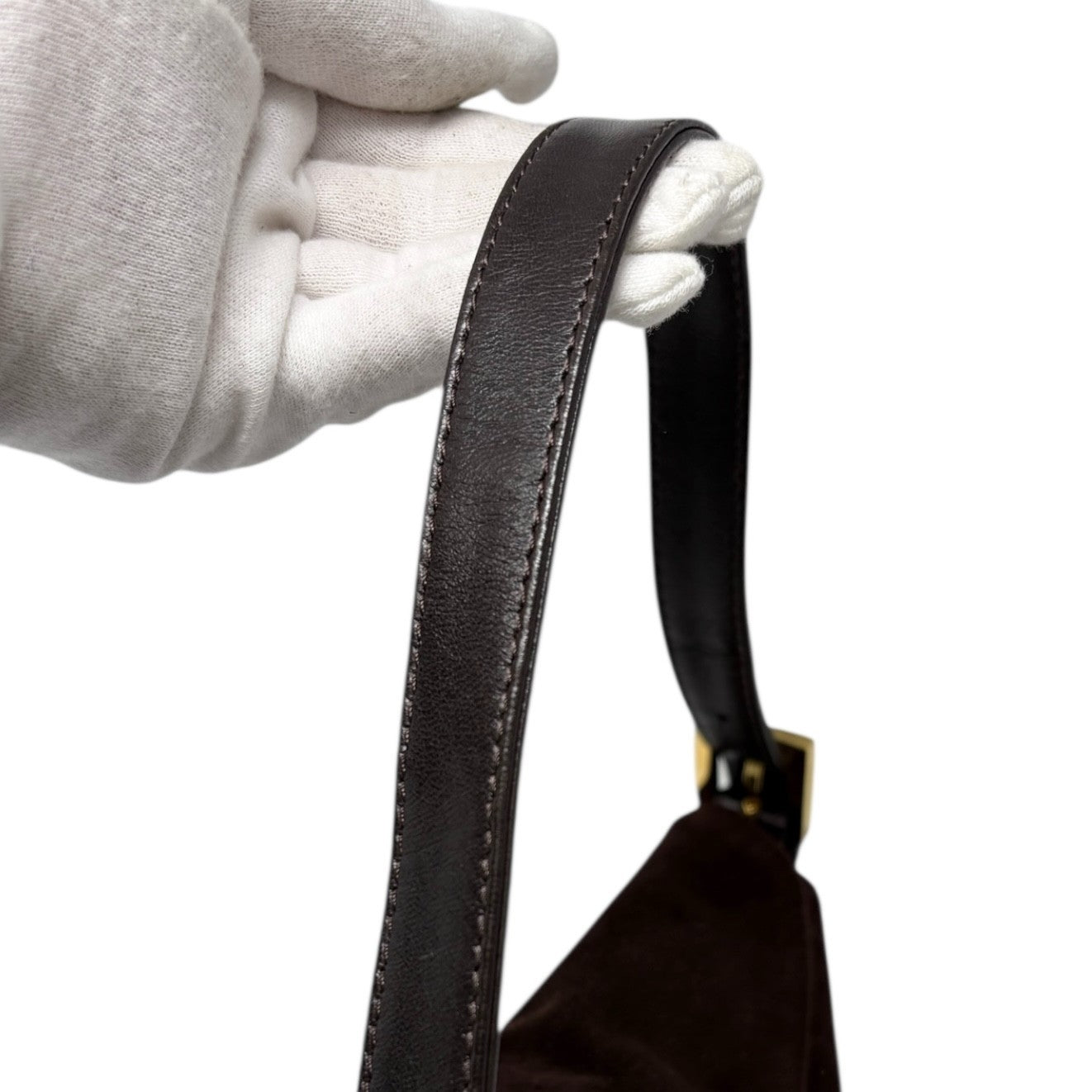 FENDI Vintage FF Logo Mamma Baguette Shoulder Bag Handbag Brown Gold Suede