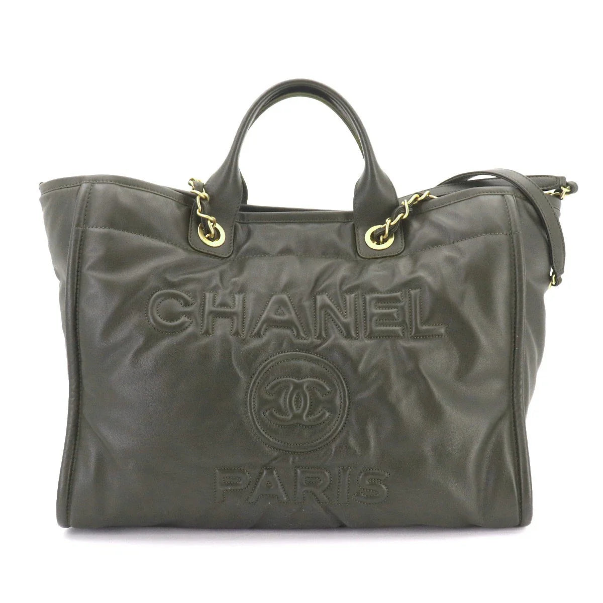 CHANEL Deauville GM Tote Chain Shoulder Bag Leather khaki Purse 90325433
