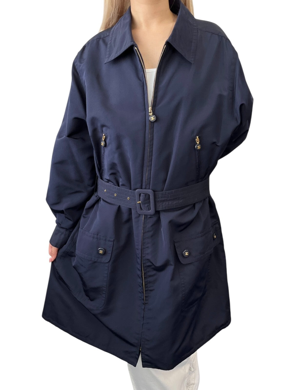 CHANEL Vintage PO5667 CC Logo Long Coat Jacket #38 Zip Pocket Belt Dark Blue