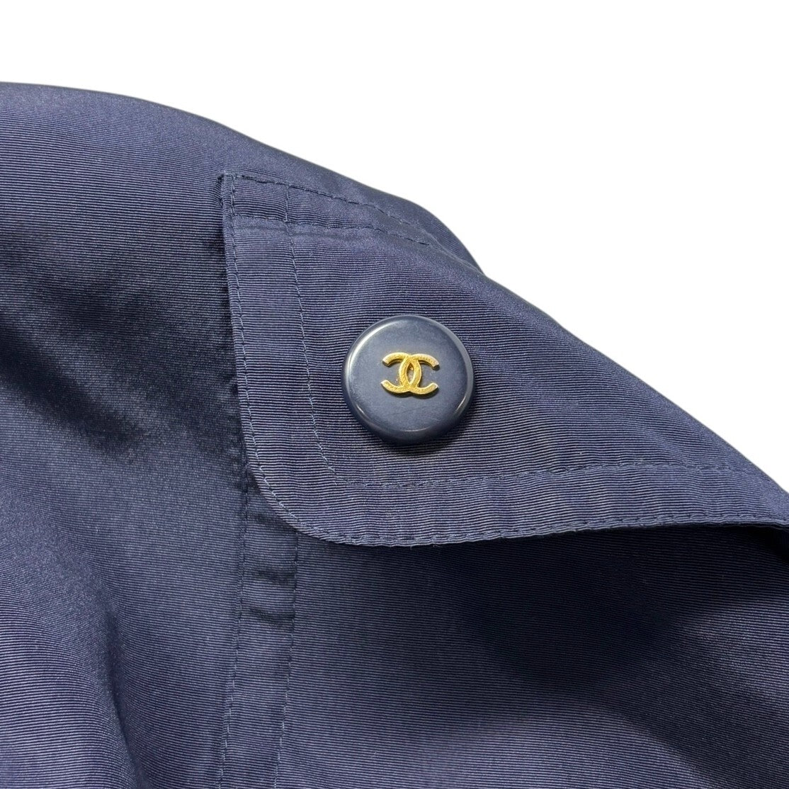 CHANEL Vintage PO5667 CC Logo Long Coat Jacket #38 Zip Pocket Belt Dark Blue