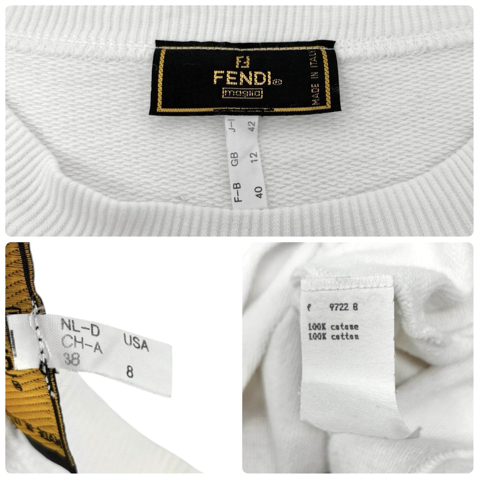 FENDI Vintage Big Logo Sweatshirt Top #40 White Cotton Pullover Long Sleeve