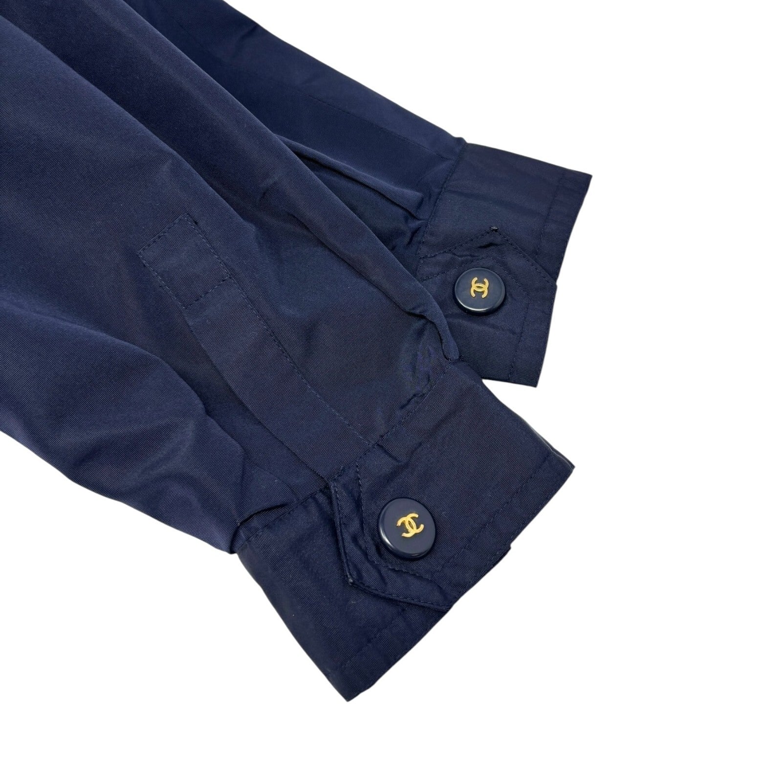 CHANEL Vintage PO5667 CC Logo Long Coat Jacket #38 Zip Pocket Belt Dark Blue