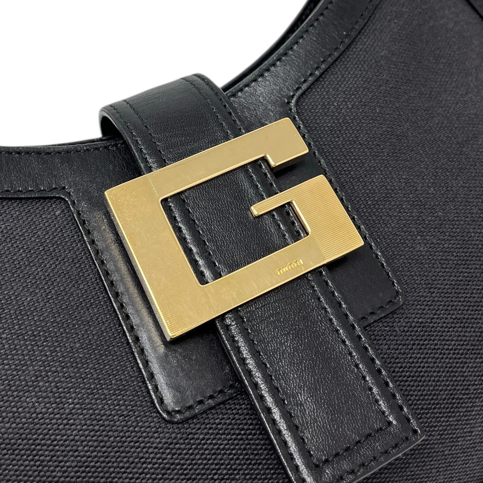GUCCI Vintage G Square Logo Shoulder Bag Magnet Black Gold Cotton Leather