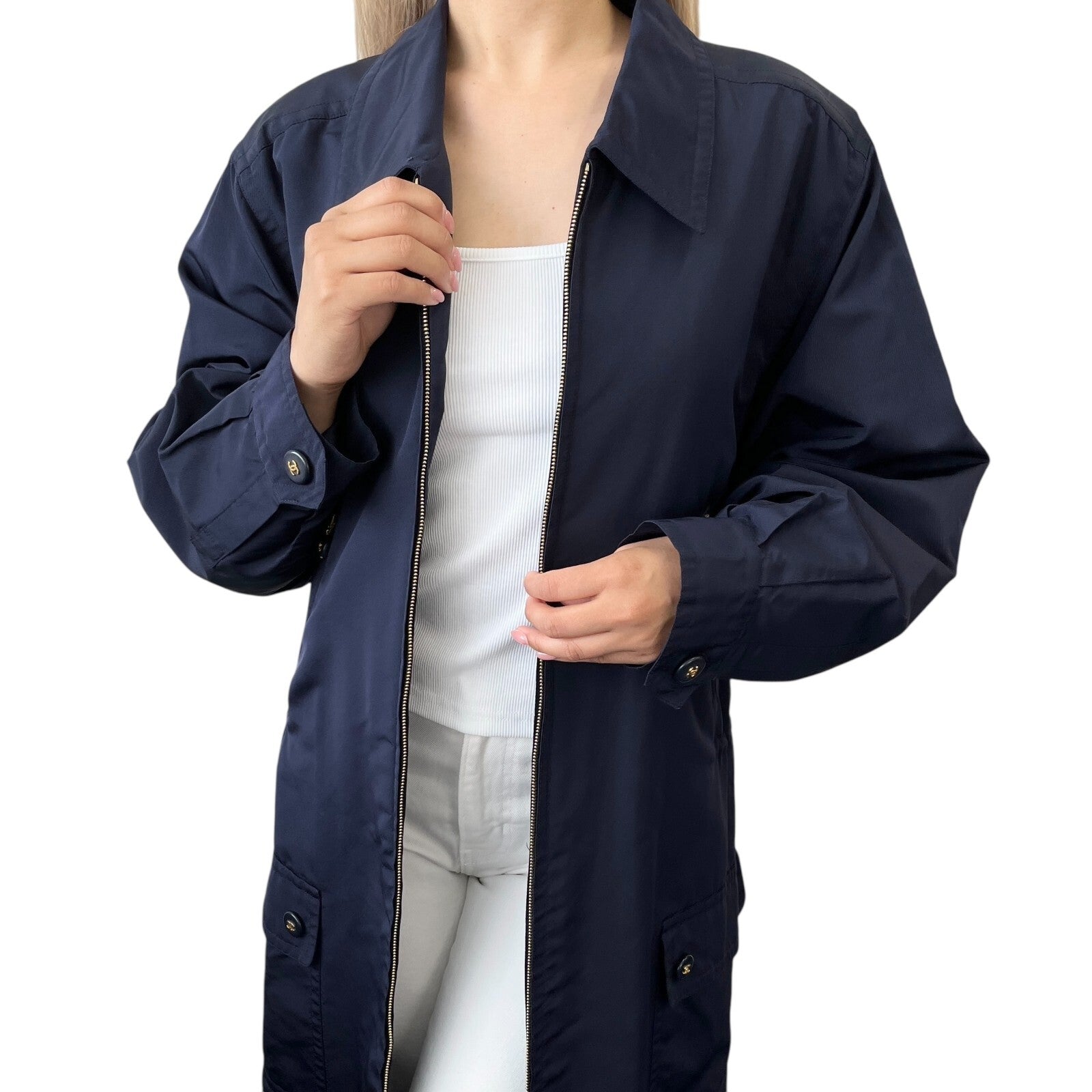 CHANEL Vintage PO5667 CC Logo Long Coat Jacket #38 Zip Pocket Belt Dark Blue