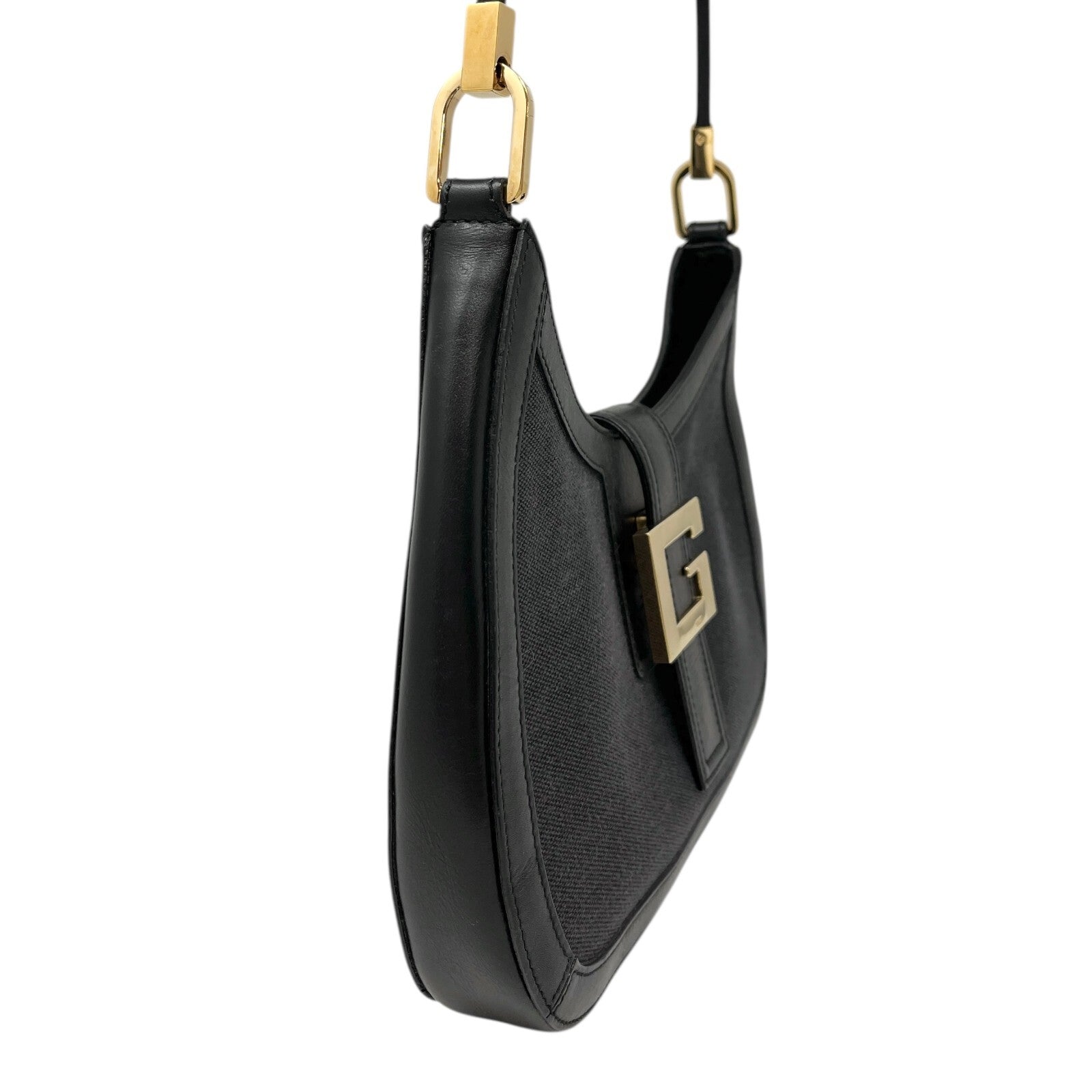 GUCCI Vintage G Square Logo Shoulder Bag Magnet Black Gold Cotton Leather