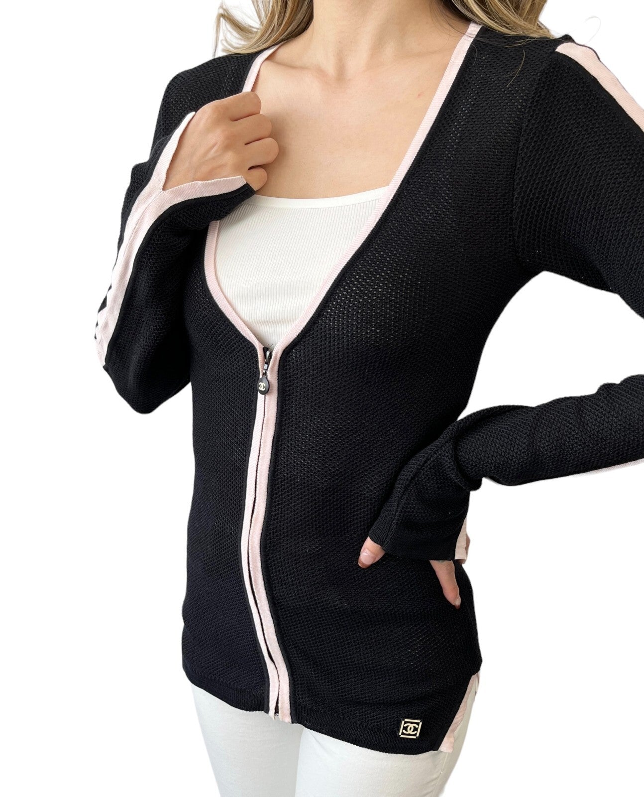 CHANEL Sport Vintage 03P CC Logo Mesh Zip Top #38 Knit Cardigan Black RankAB+