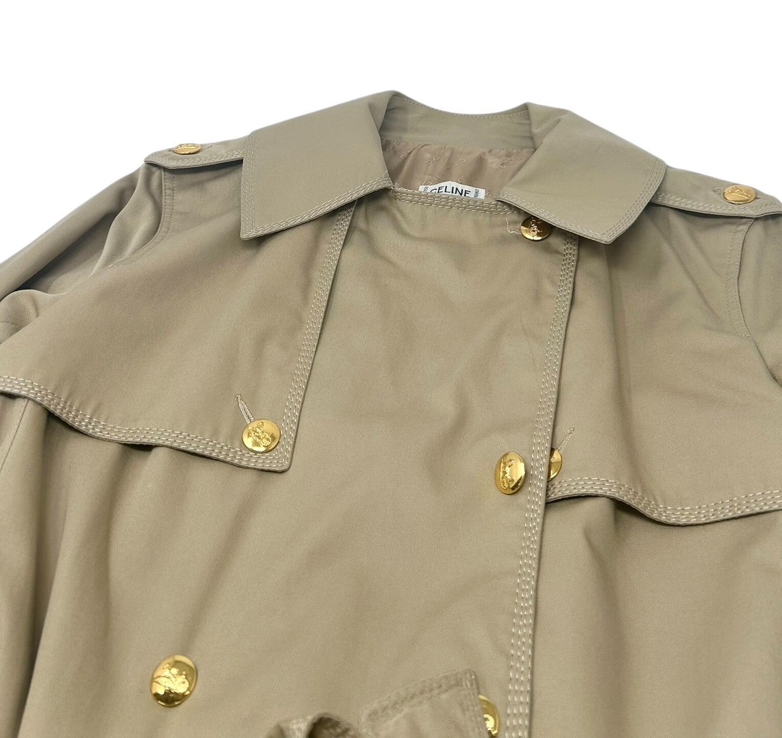 CELINE Vintage Logo Trench Coat #40 Light Brown Gold Cotton Button Stitch