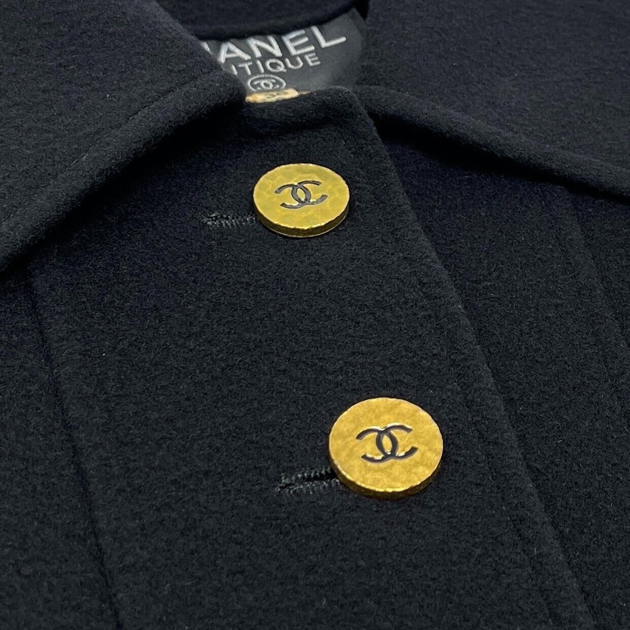 CHANEL Vintage 94A CC Logo Long Jacket Coat #36 Button Black Gold Cashmere