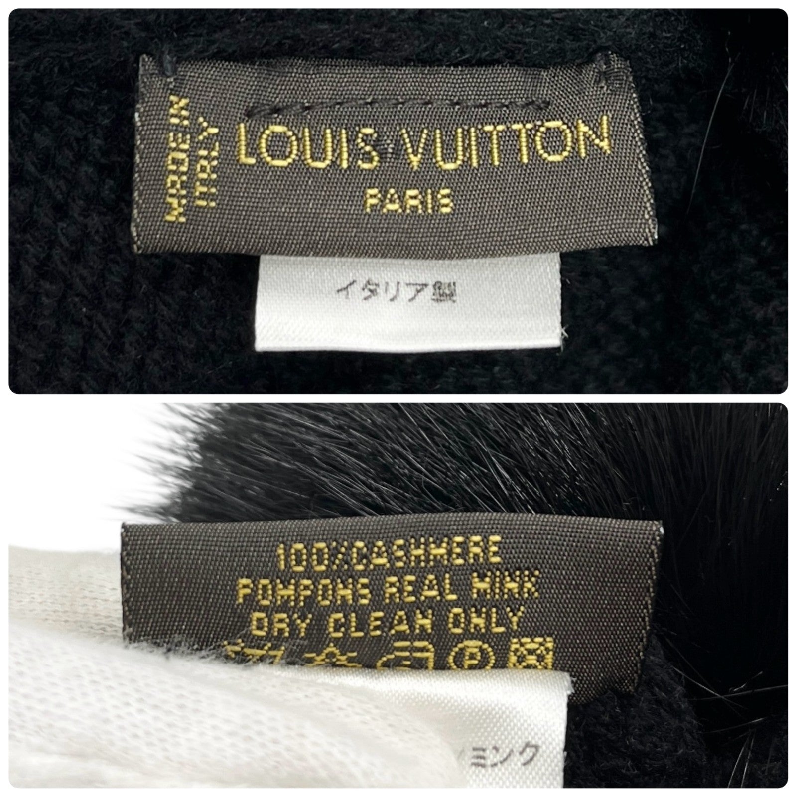 LOUIS VUITTON Vintage LV Monogram Logo Knit Scarf Shawl Wrap Fur Black Cashmere