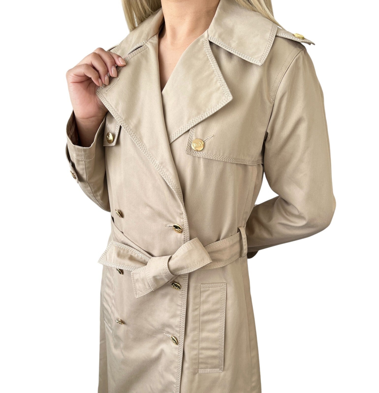 CELINE Vintage Logo Trench Coat #40 Light Brown Gold Cotton Button Stitch