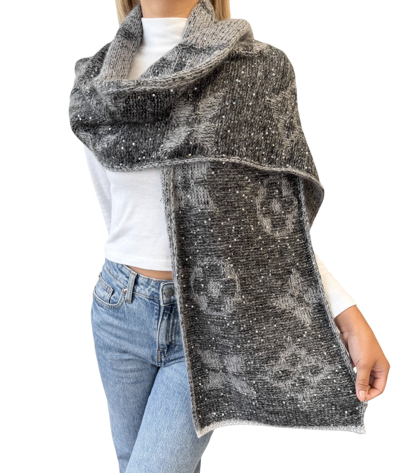 LOUIS VUITTON Vintage Monogram Logo Knit Sequins Scarf Muffler Wrap Gray Mohair