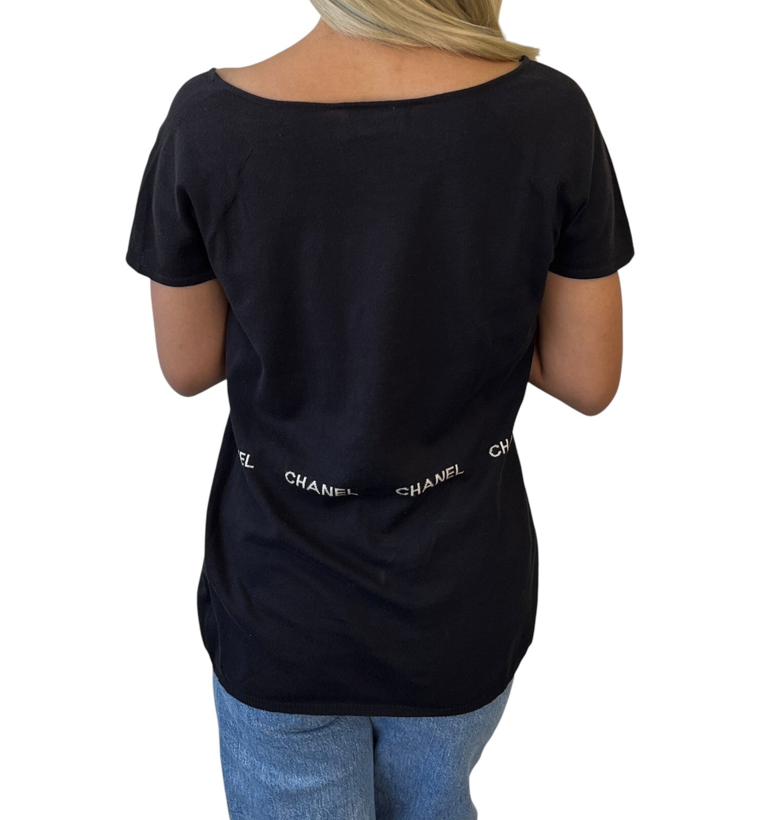 CHANEL Vintage 04P Logo Knit T-shirt Top #40 Round Neck Black White Cotton