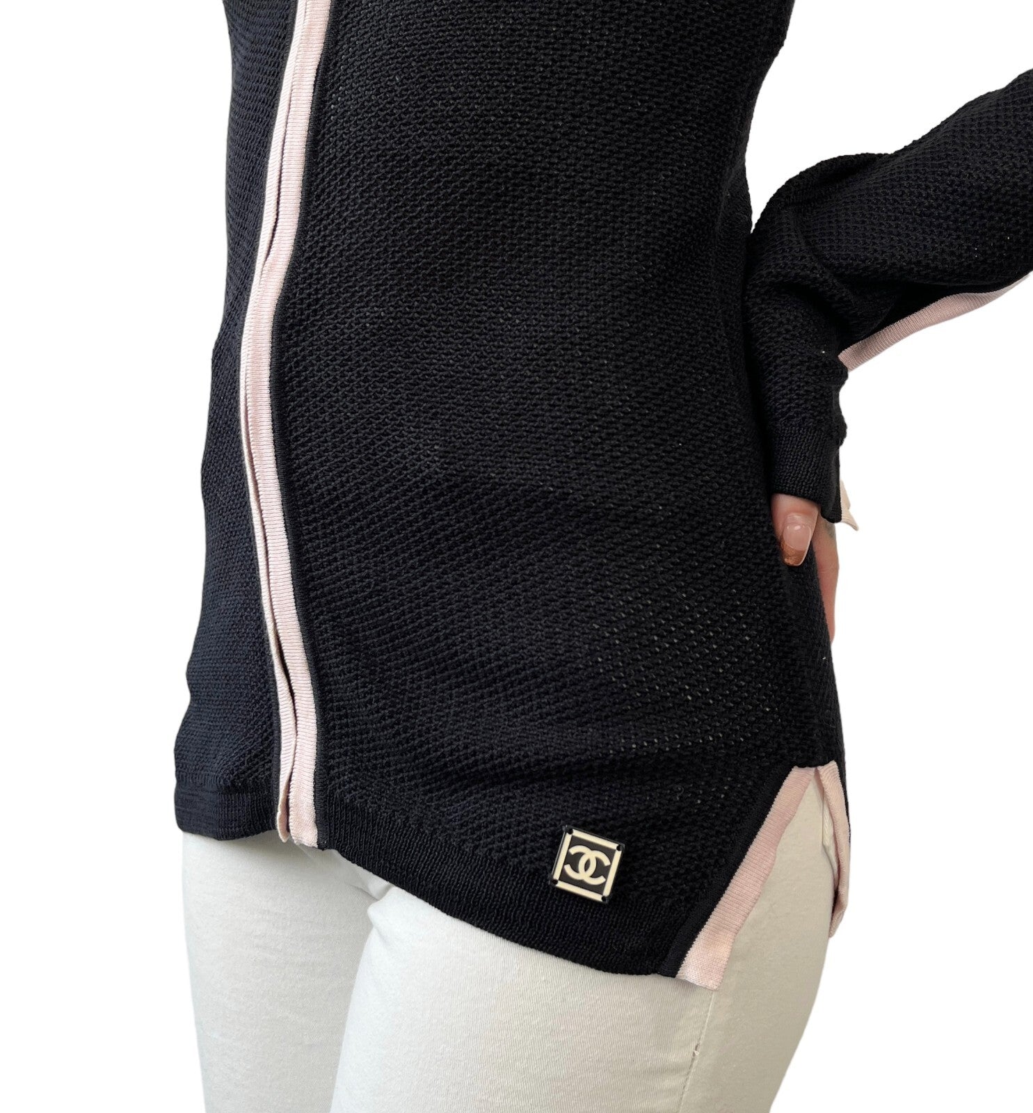 CHANEL Sport Vintage 03P CC Logo Mesh Zip Top #38 Knit Cardigan Black RankAB+