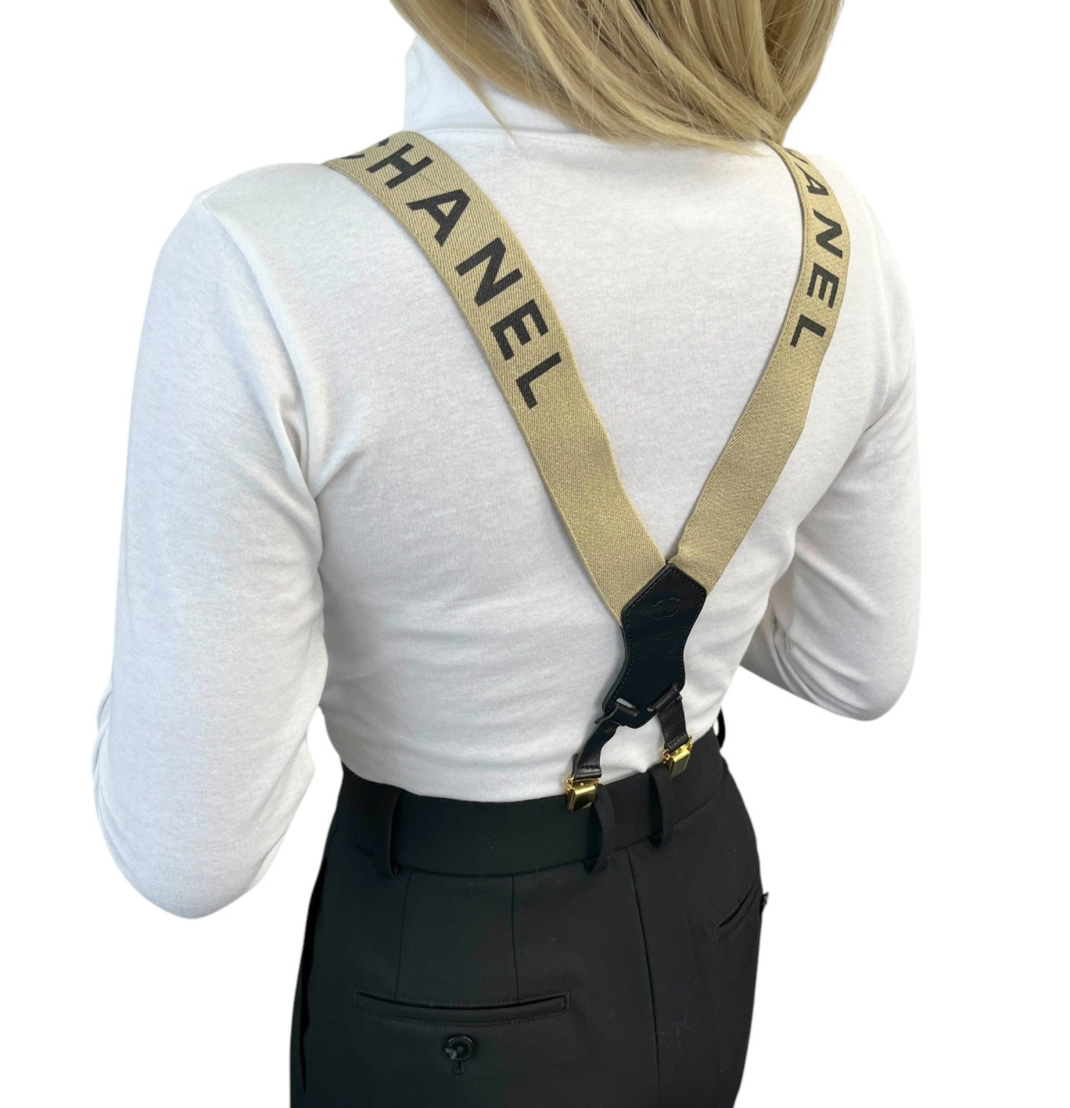 CHANEL Vintage 1994 CC Logo Letter Suspender Belt Beige Black Cotton Leather