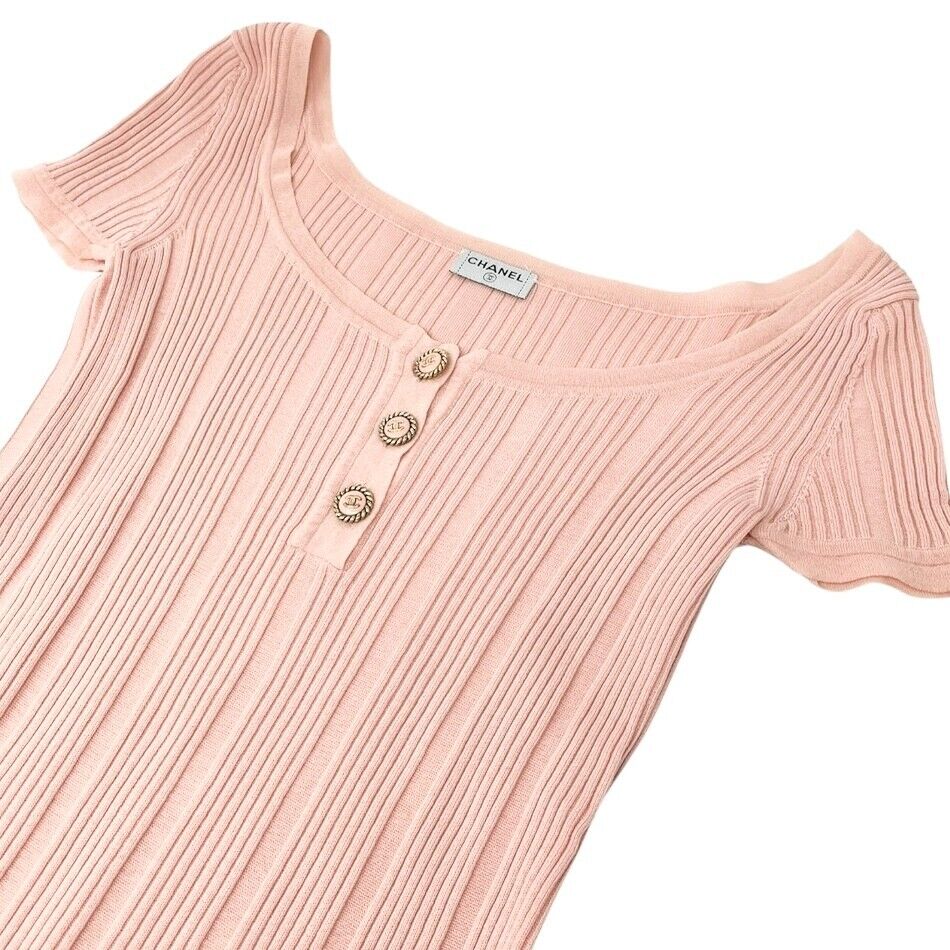 CHANEL Vintage 07P CC Mark Logo Rib Knit Top #S Pink Gold Cotton Button