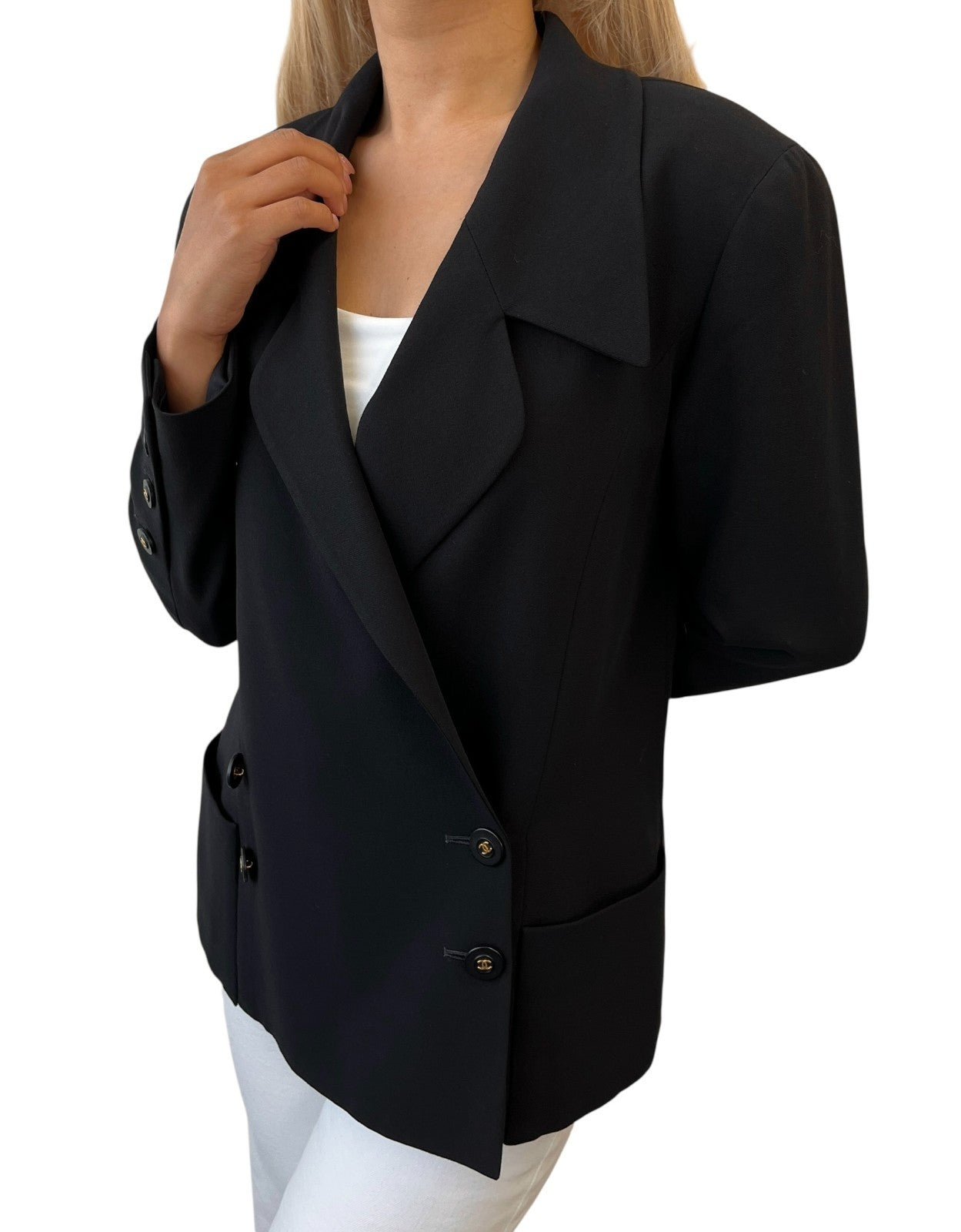 CHANEL Vintage 94P CC Mark Logo Jacket Button Black Gold Long Sleeve Collar