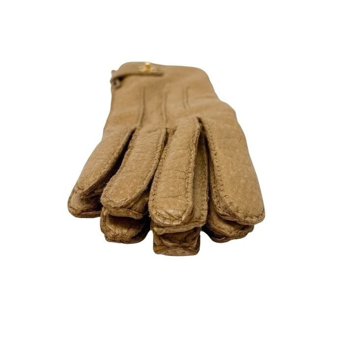 CHANEL Vintage CC Mark Logo Gloves Turn Lock #7.5 Leather Light Brown Gold