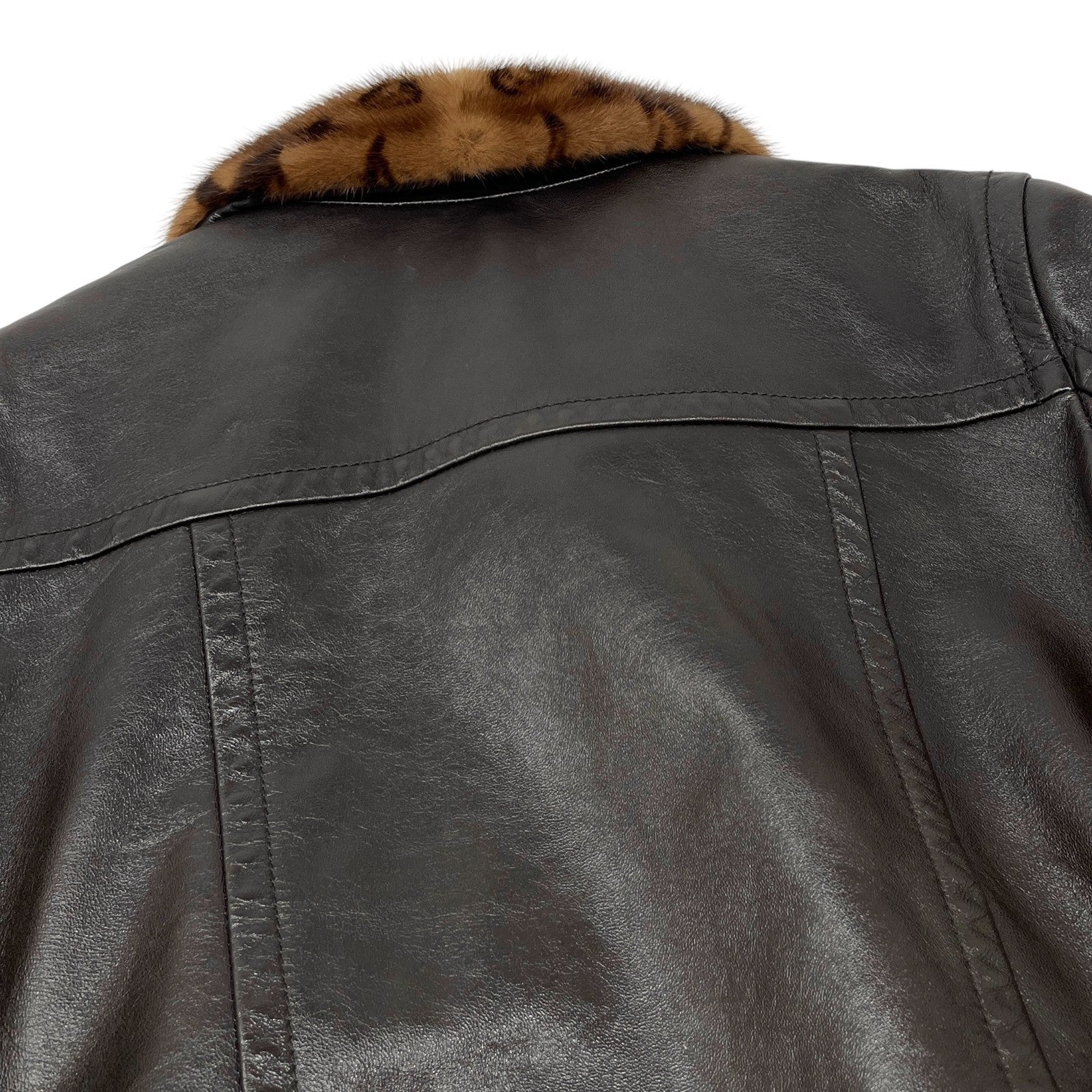 LOUIS VUITTON Vintage LV Monogram Logo Fur Leather Jacket #36 Zip Brown Gold
