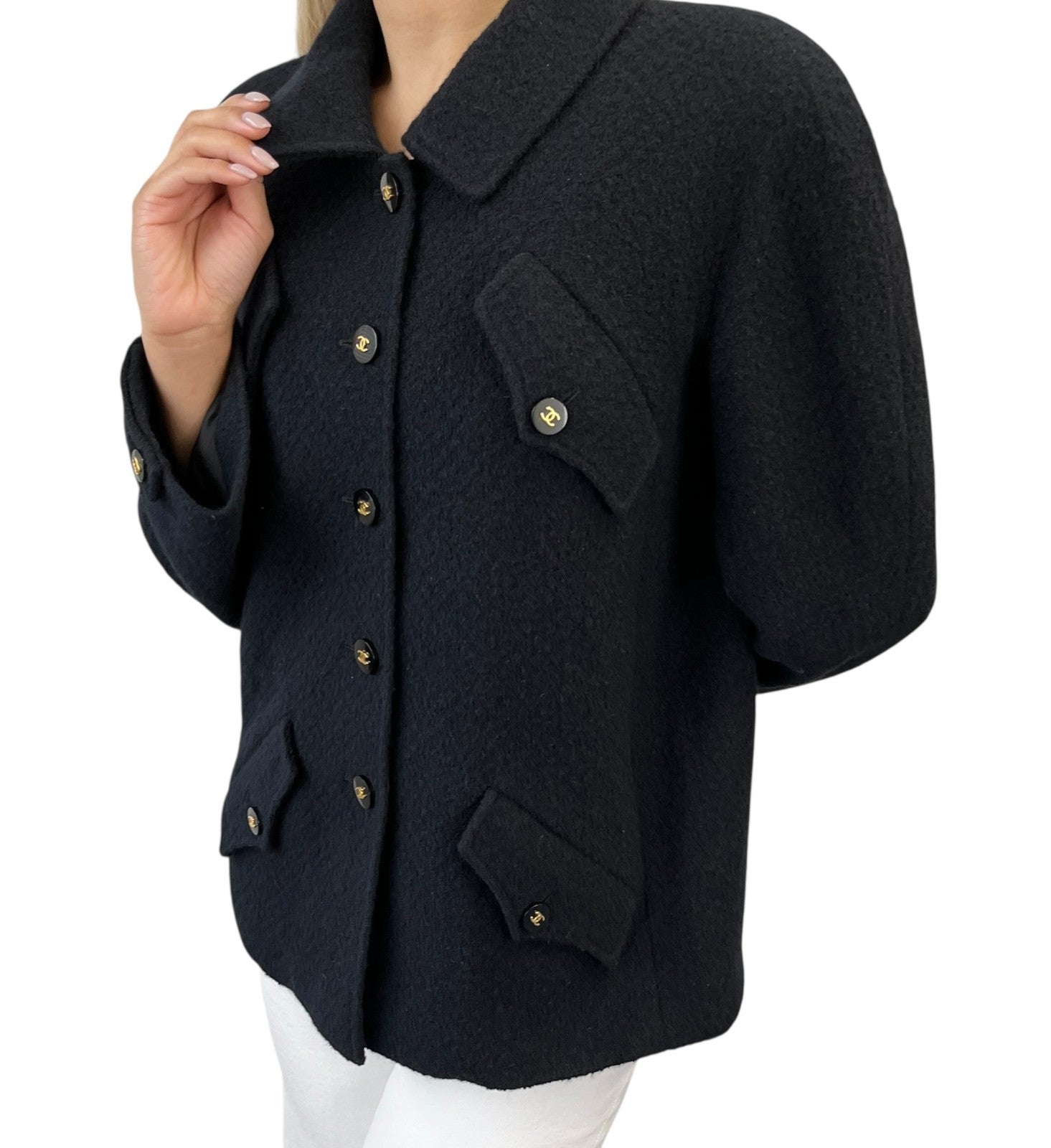 CHANEL Vintage 95A CC Mark Logo Jacket #38 Mohair Wool Black Gold Button