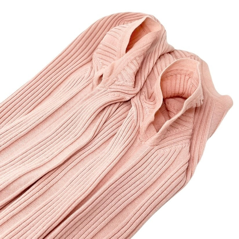 CHANEL Vintage 07P CC Mark Logo Rib Knit Top #S Pink Gold Cotton Button