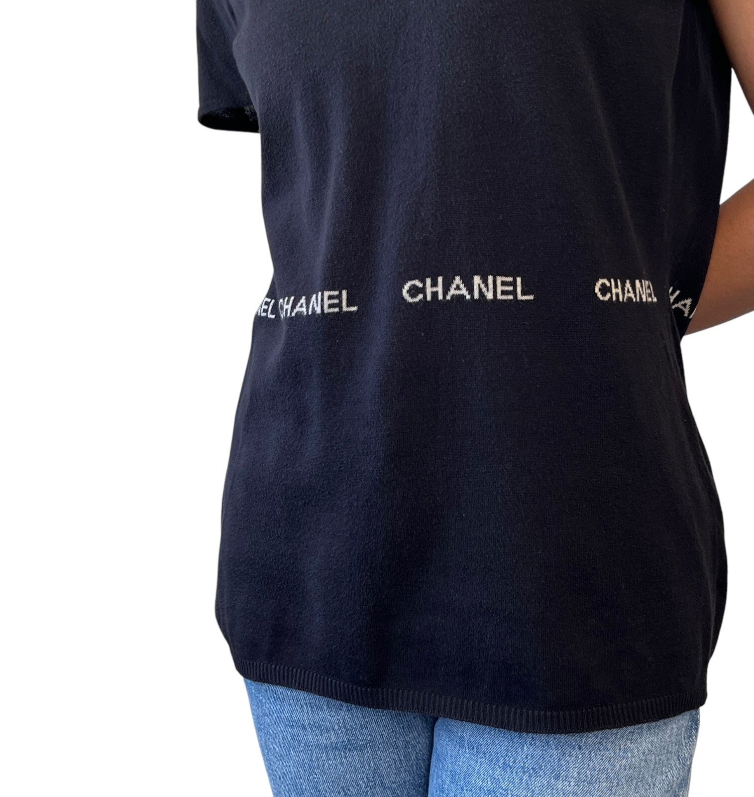 CHANEL Vintage 04P Logo Knit T-shirt Top #40 Round Neck Black White Cotton
