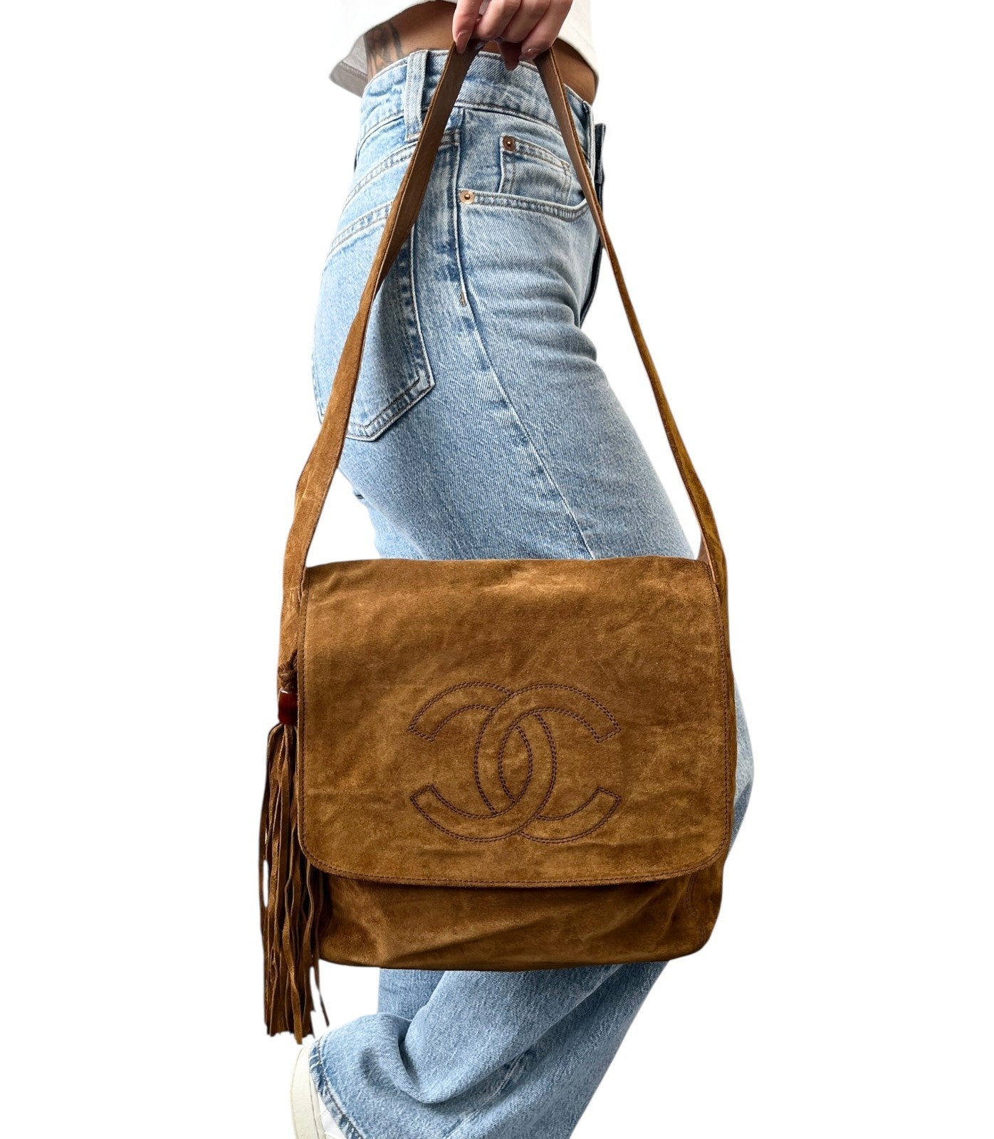 CHANEL Vintage CC Mark Logo Crossbody Shoulder Bag 2way Bag Fringe Brown Suede