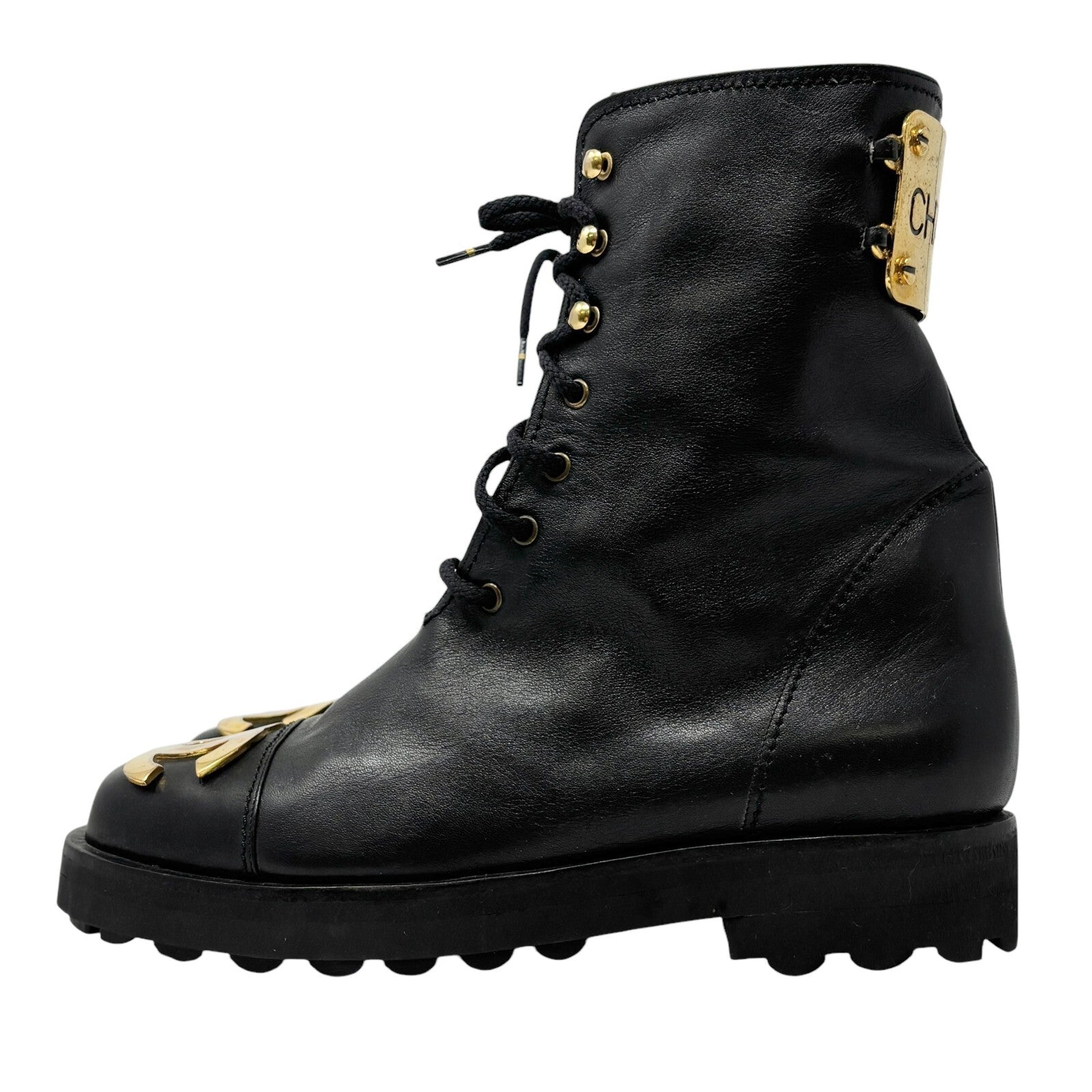 CHANEL Vintage CC Logo Lace-up Ankle Boots #36.5 Short Boots Black Gold Leather