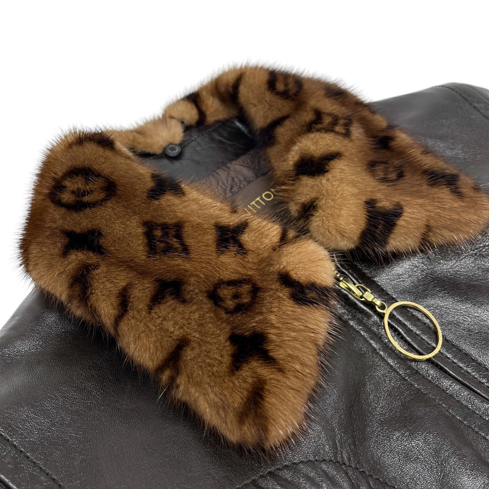 LOUIS VUITTON Vintage LV Monogram Logo Fur Leather Jacket #36 Zip Brown Gold
