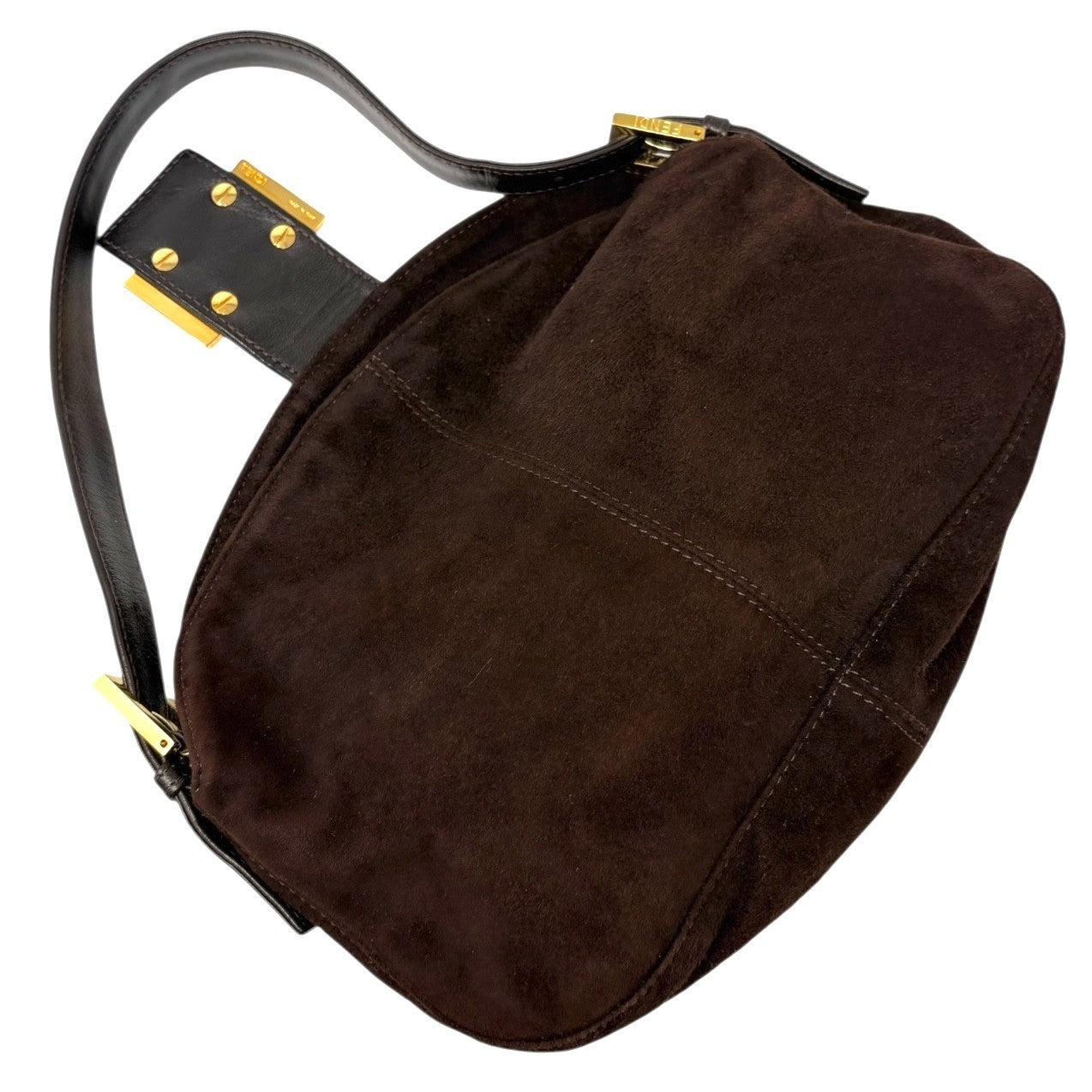 FENDI Vintage FF Logo Mamma Baguette Shoulder Bag Handbag Brown Gold Suede