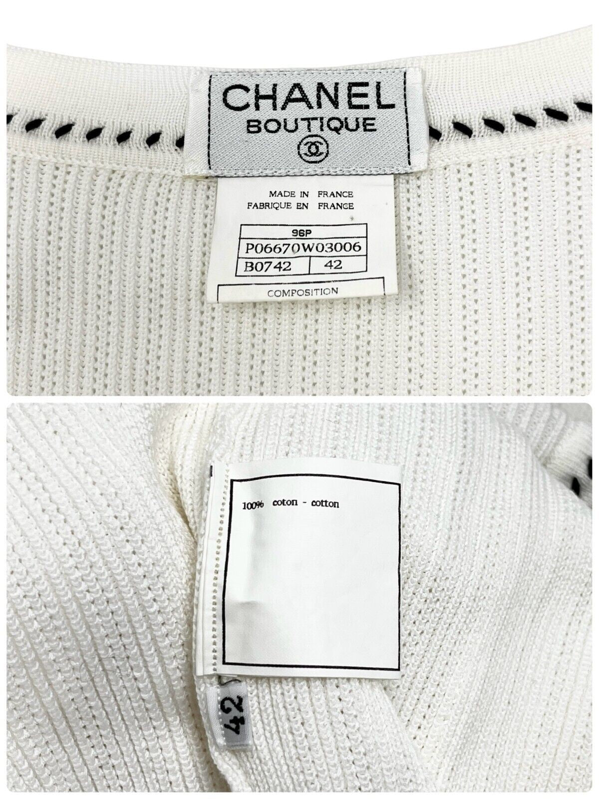 CHANEL Vintage 96P CC Logo Cardigan Sweater Top #42 Button White Black Cotton