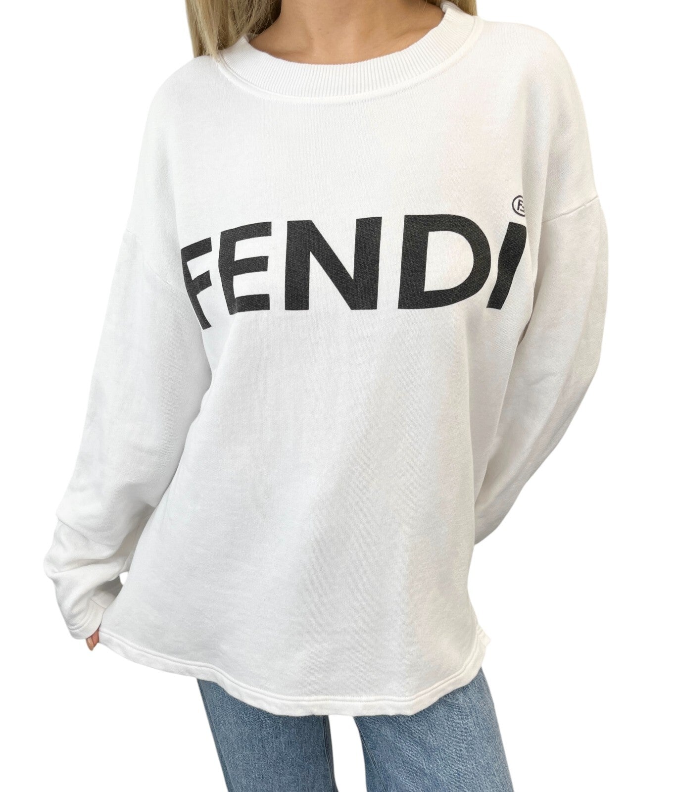 FENDI Vintage Big Logo Sweatshirt Top #40 White Cotton Pullover Long Sleeve