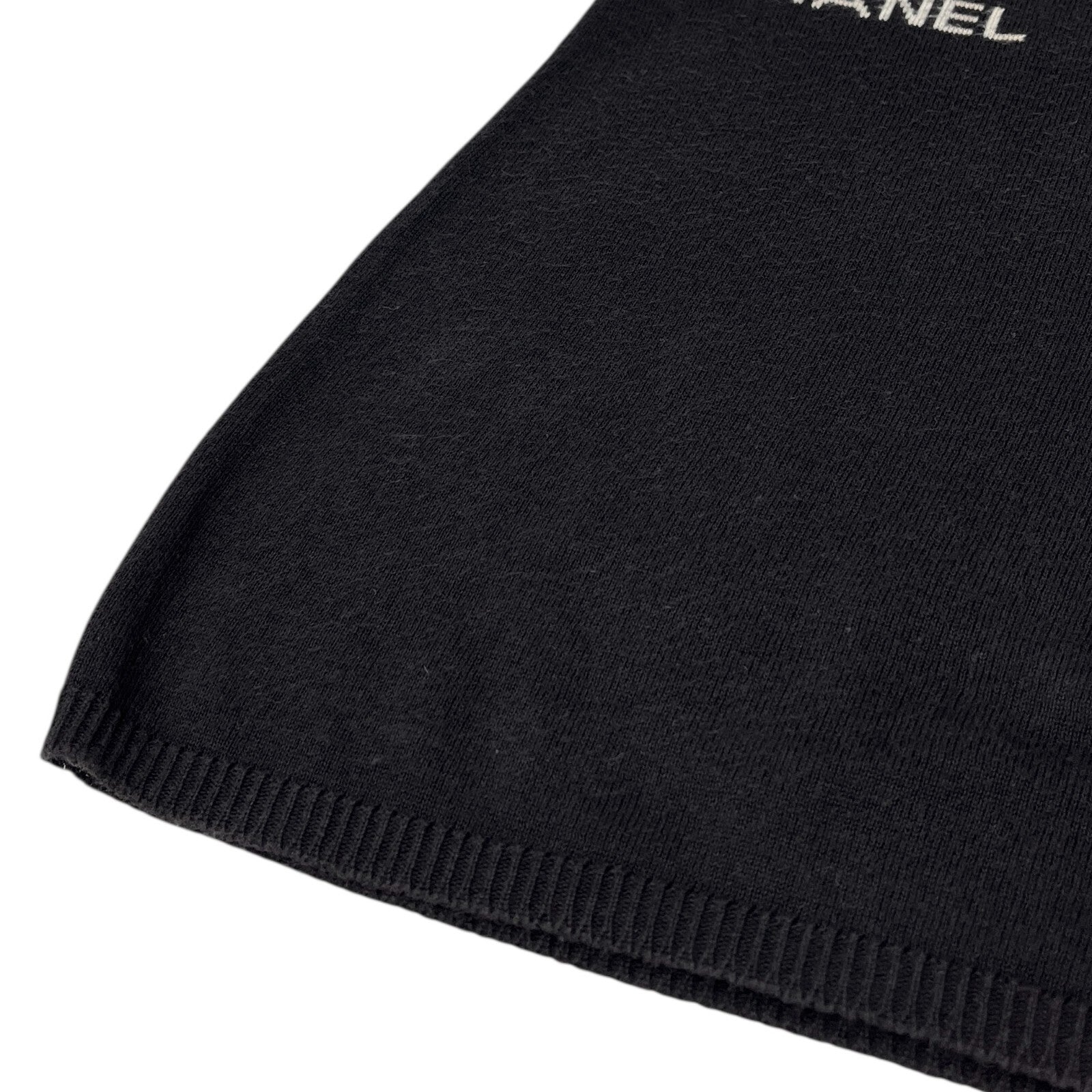 CHANEL Vintage 04P Logo Knit T-shirt Top #40 Round Neck Black White Cotton