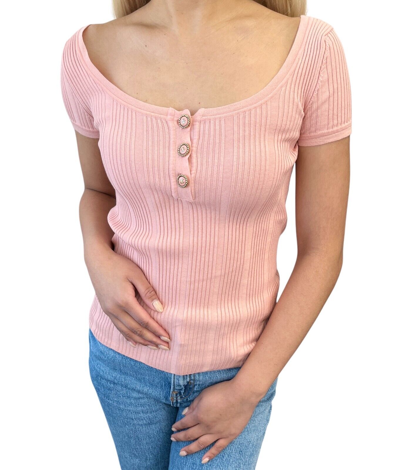 CHANEL Vintage 07P CC Mark Logo Rib Knit Top #S Pink Gold Cotton Button