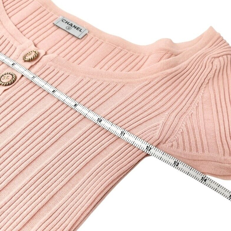 CHANEL Vintage 07P CC Mark Logo Rib Knit Top #S Pink Gold Cotton Button