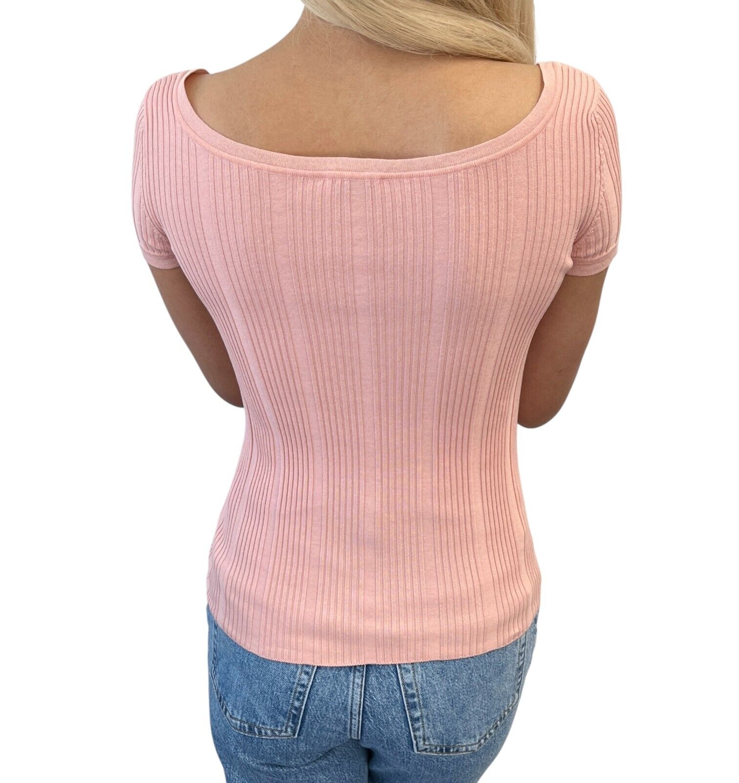 CHANEL Vintage 07P CC Mark Logo Rib Knit Top #S Pink Gold Cotton Button