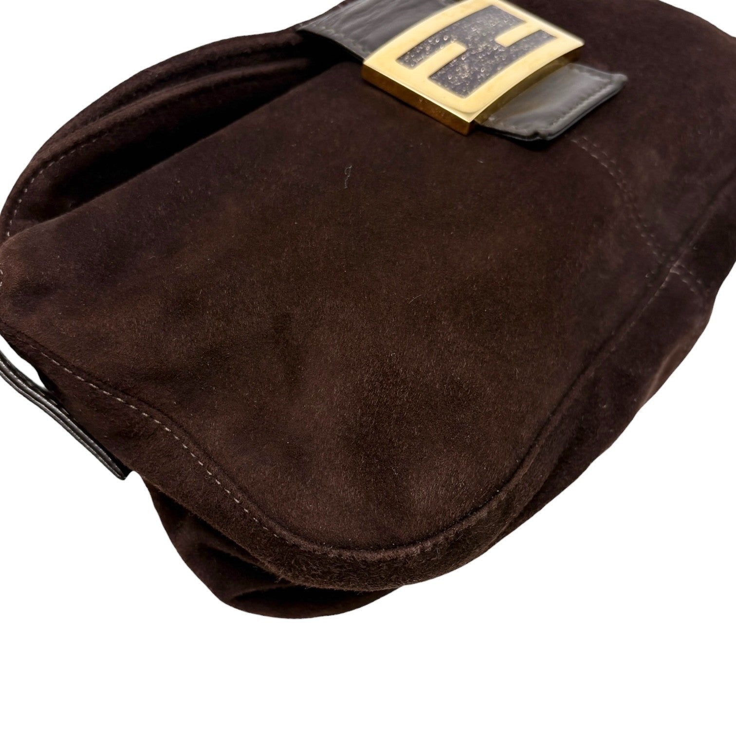 FENDI Vintage FF Logo Mamma Baguette Shoulder Bag Handbag Brown Gold Suede