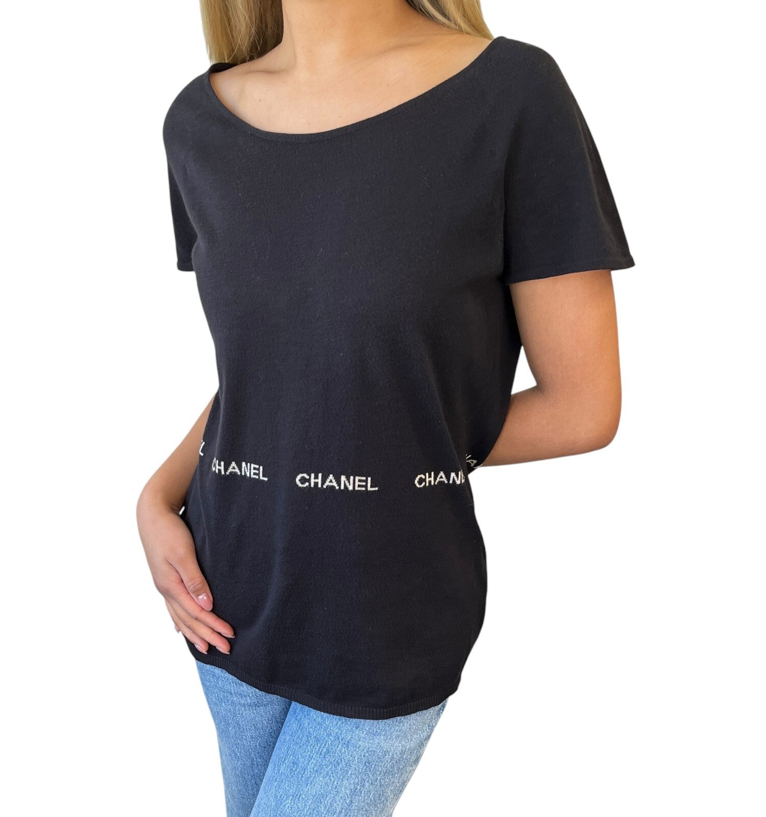 CHANEL Vintage 04P Logo Knit T-shirt Top #40 Round Neck Black White Cotton