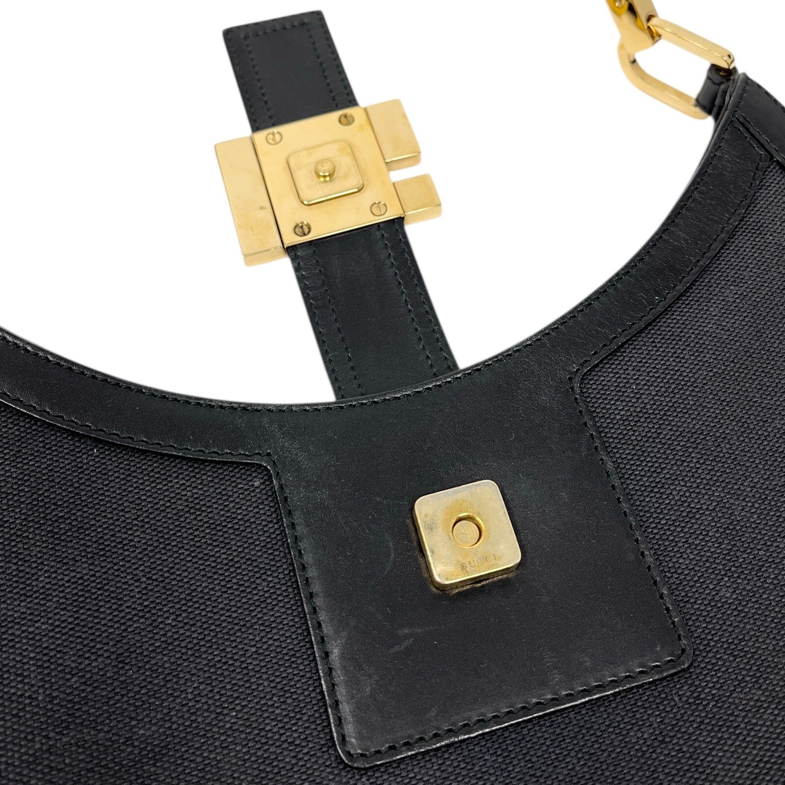 GUCCI Vintage G Square Logo Shoulder Bag Magnet Black Gold Cotton Leather