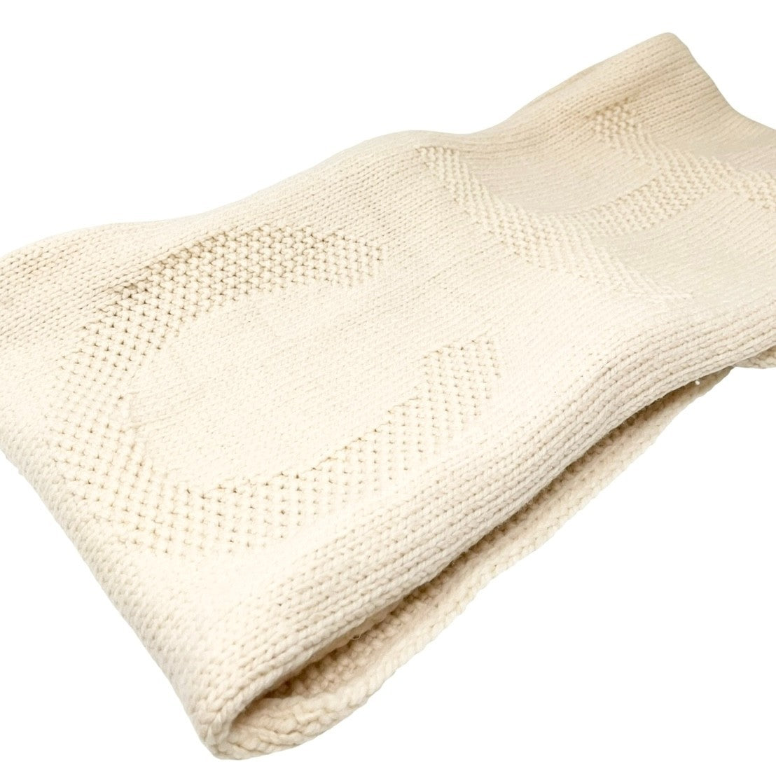 CHANEL Vintage CC Mark Logo Knit Muffler Scarf Wrap Accessory Cream Wool Stitch