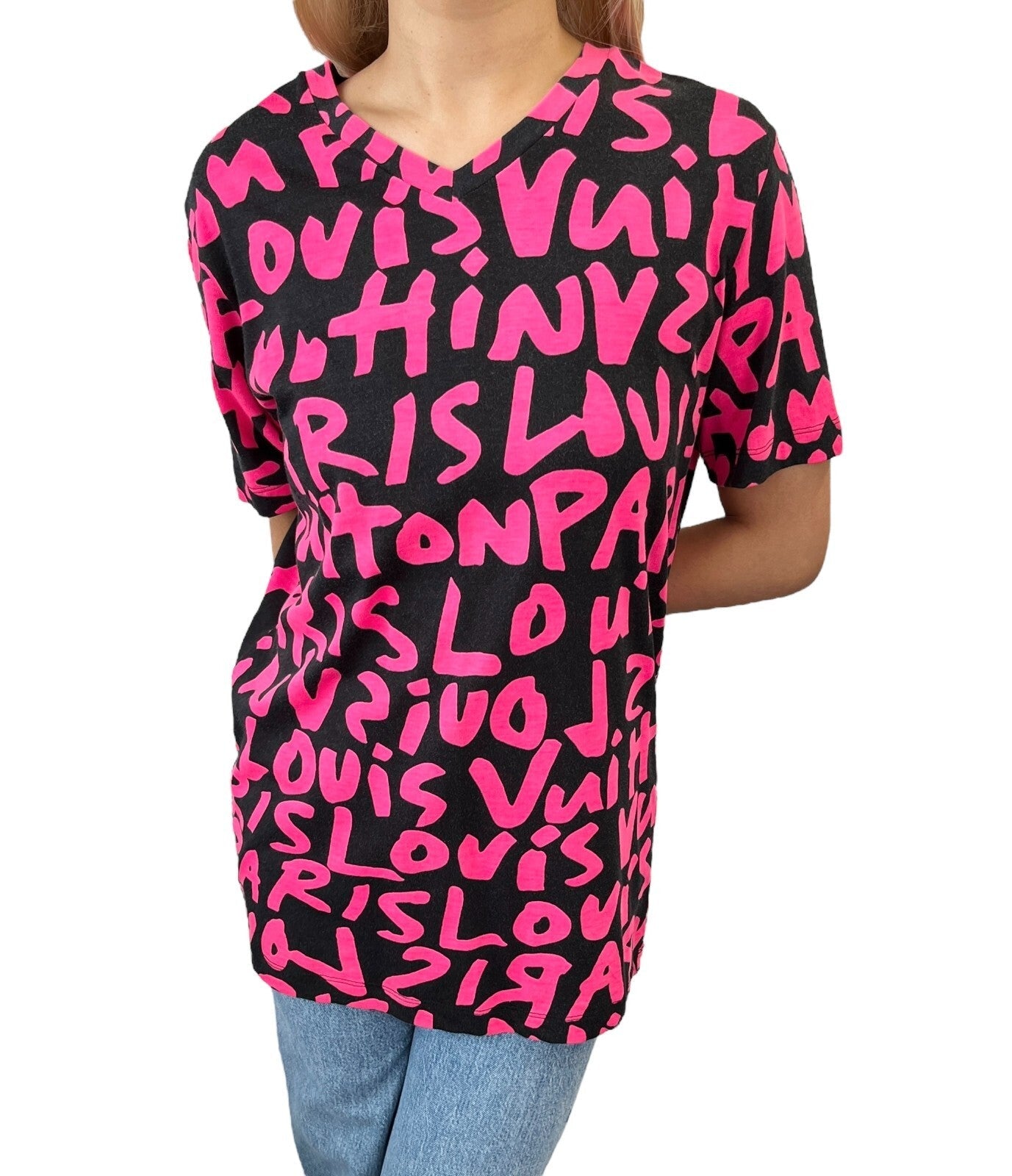 LOUIS VUITTON Vintage LV Logo Graffiti Print T-shirt Top #M Black Pink Cotton