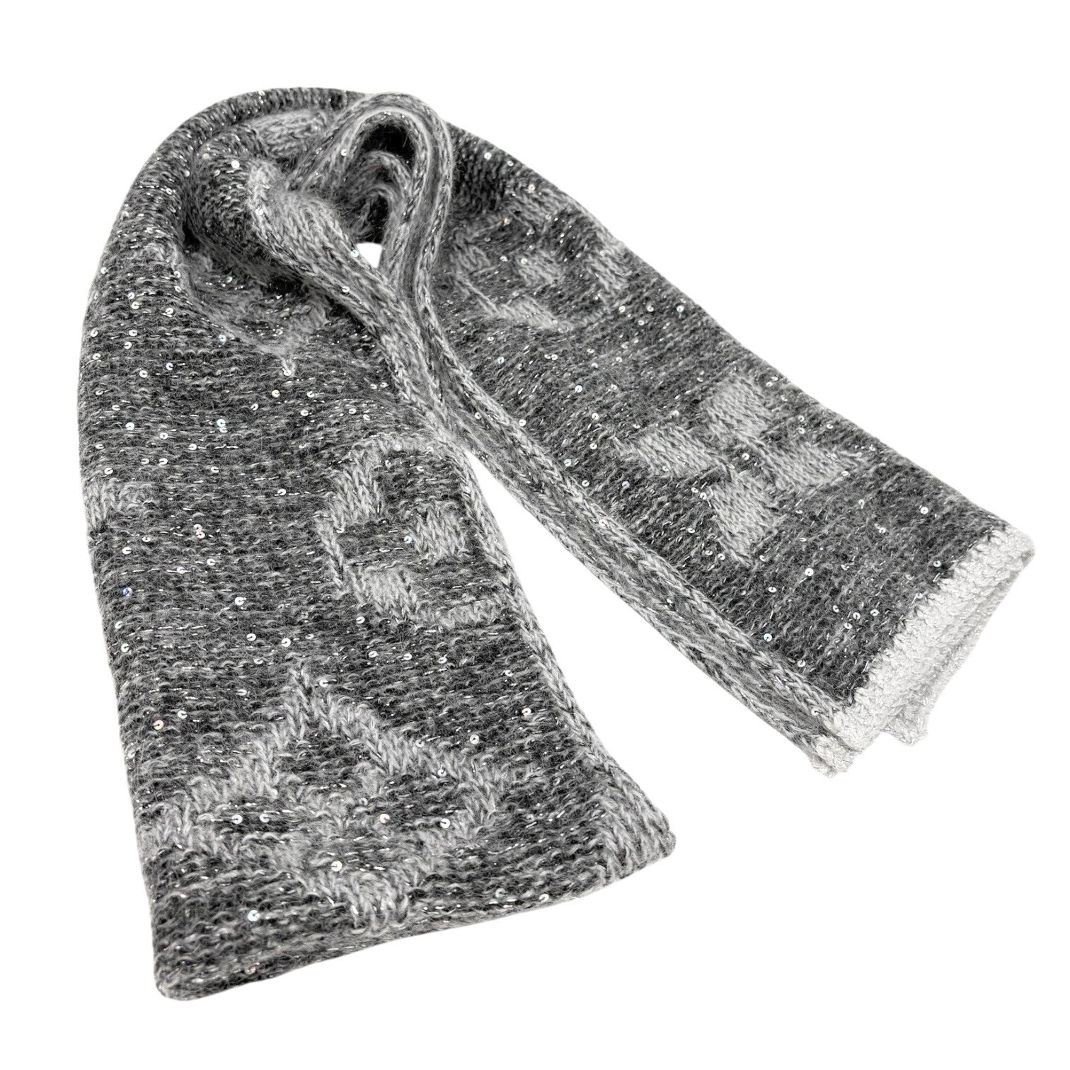 LOUIS VUITTON Vintage Monogram Logo Knit Sequins Scarf Muffler Wrap Gray Mohair