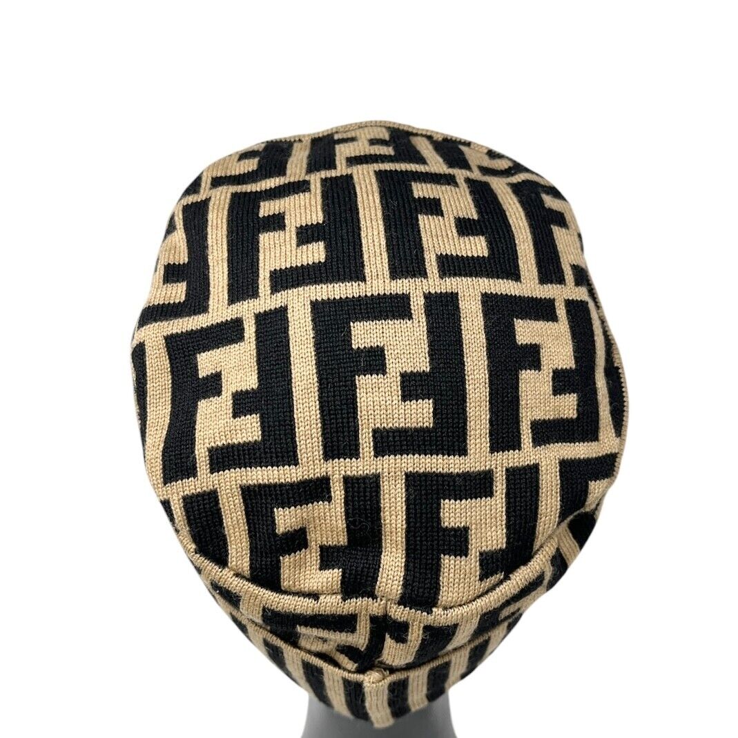 FENDI Vintage Zucca Monogram Knit Beanie #42 Cap Stripe Beige Black Wool