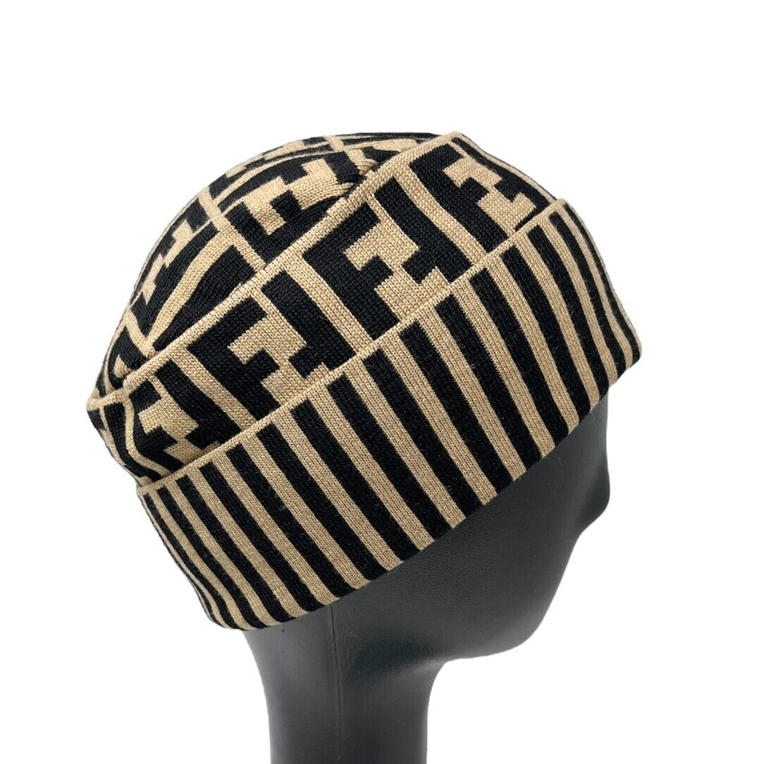 FENDI Vintage Zucca Monogram Knit Beanie #42 Cap Stripe Beige Black Wool