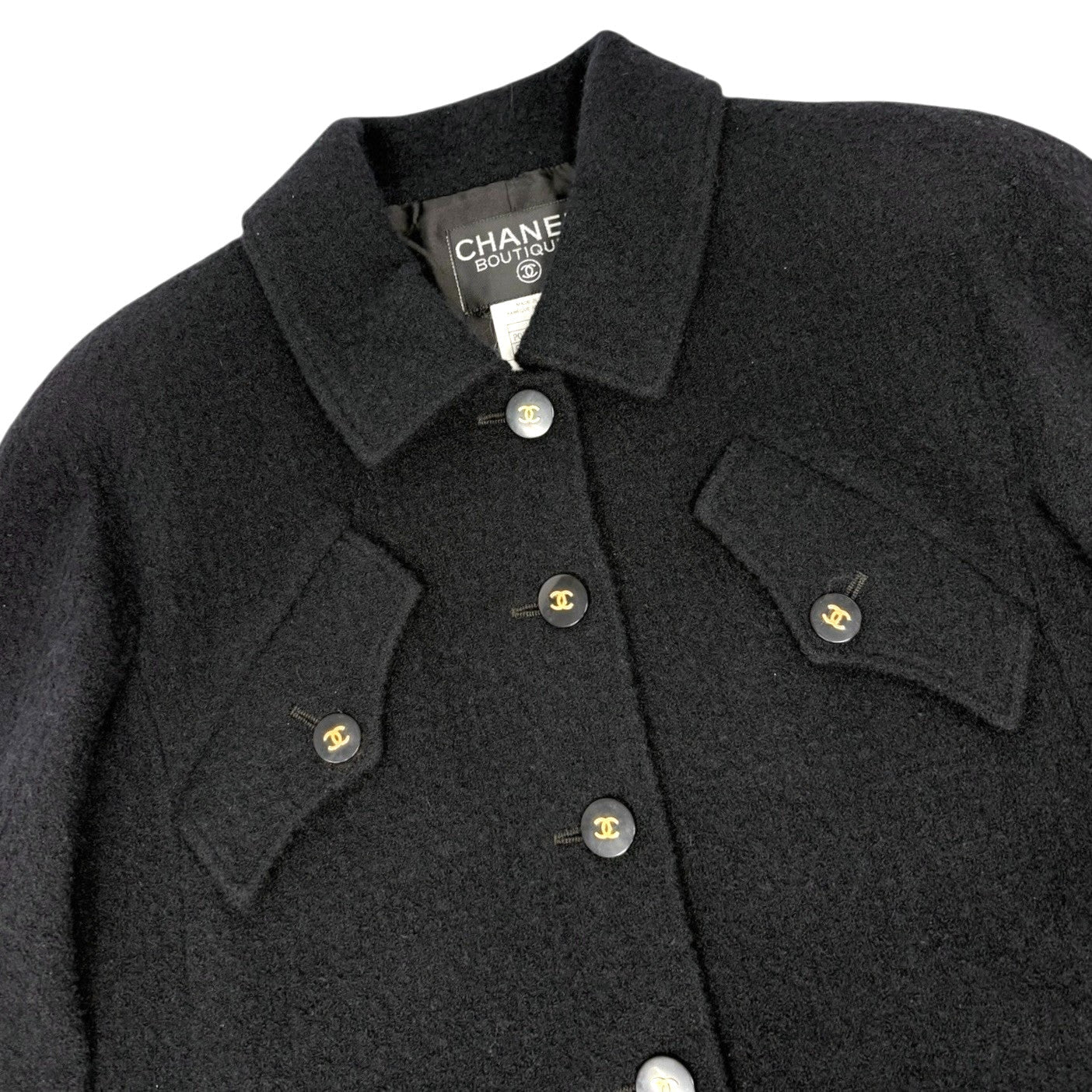 CHANEL Vintage 95A CC Mark Logo Jacket #38 Mohair Wool Black Gold Button